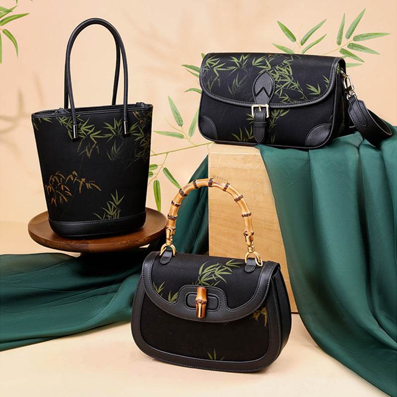 Xiangyunsha Silk Black Bamboo Print Crossbody Bucket Bag - SinoCultural -- P110608