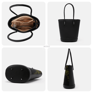 Xiangyunsha Silk Black Bamboo Print Crossbody Bucket Bag - SinoCultural -- P110608