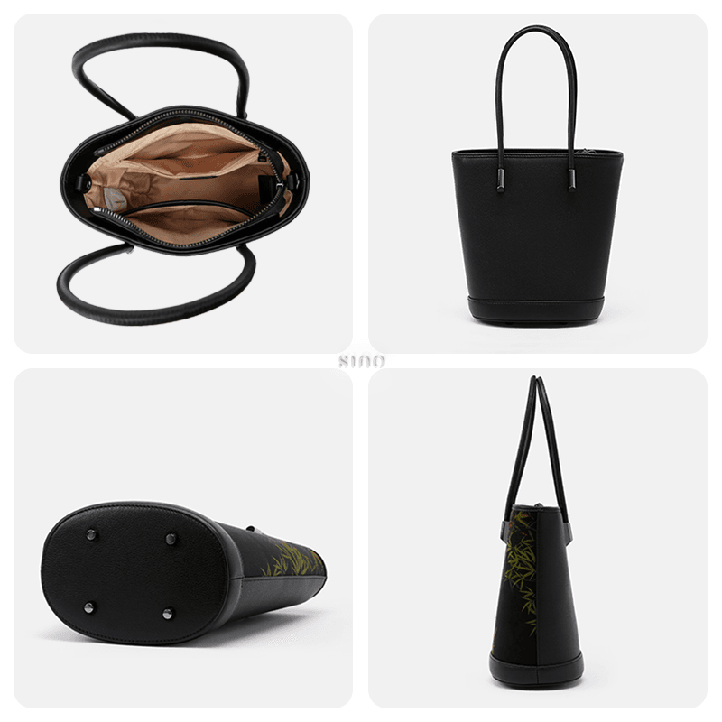 Xiangyunsha Silk Black Bamboo Print Crossbody Bucket Bag - SinoCultural -- P110608