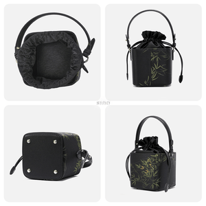 Xiangyunsha Silk Black Bamboo Print Mini Cube Bucket Bag - SinoCultural -- LD170613