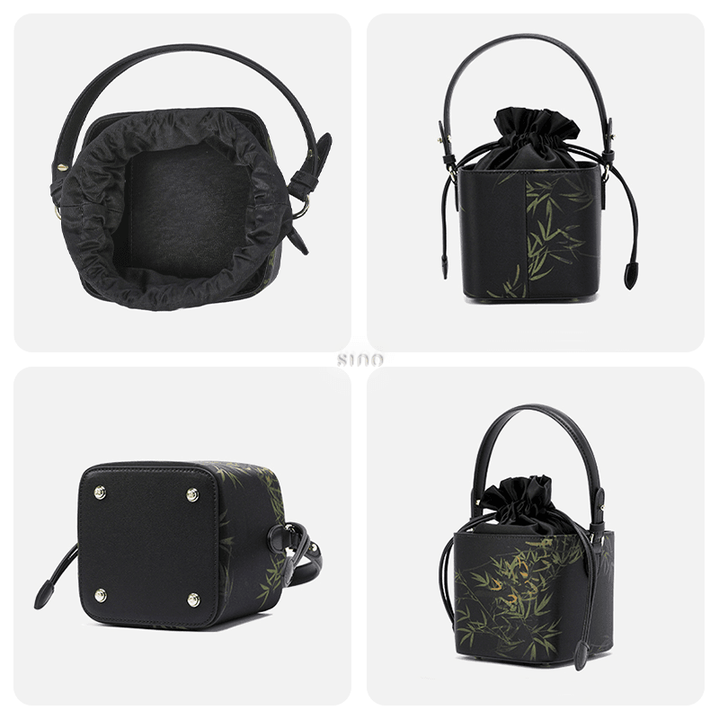 Xiangyunsha Silk Black Bamboo Print Mini Cube Bucket Bag - SinoCultural -- LD170613