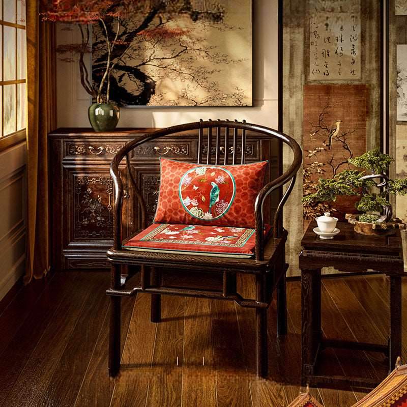 Chinoiserie Palace Red Glaze Festive Wooden Chair Cushion - SinoCultural -- SC008A38
