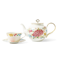 Three-piece floral bone china tea set with teapot and cup.