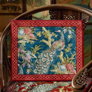 Chinoiserie Festive Red Peacock Wood Chair Cushion - SinoCultural -- SC050A38