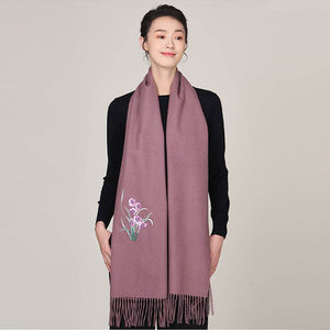 Handmade Suzhou Embroidery Wool Cashmere Scarf with Narcissus Flower 200x38cm - SinoCultural -- HYFSJ058-4