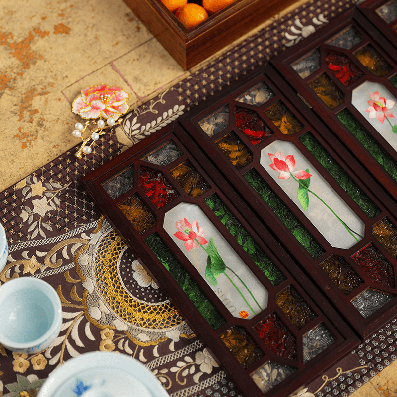 Handcrafted Embroidery Lotus Blossom Cantonese Mansion Window Ornament - SinoCultural -- BXL06WCS174A03