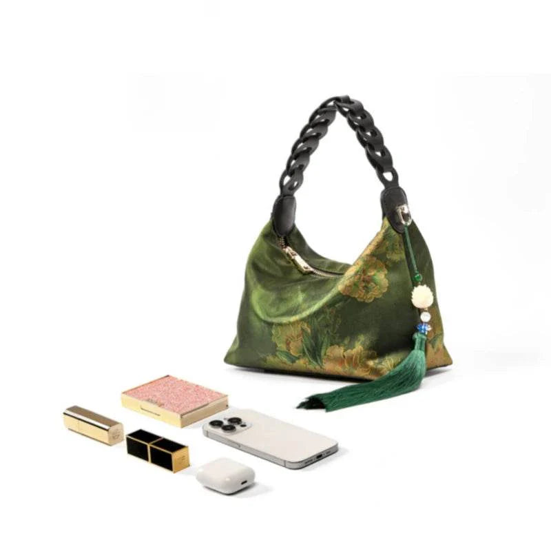 Xiangyunsha Silk Dark Green Mulberry Silk Shoulder Bag - SinoCultural -- P170083-2