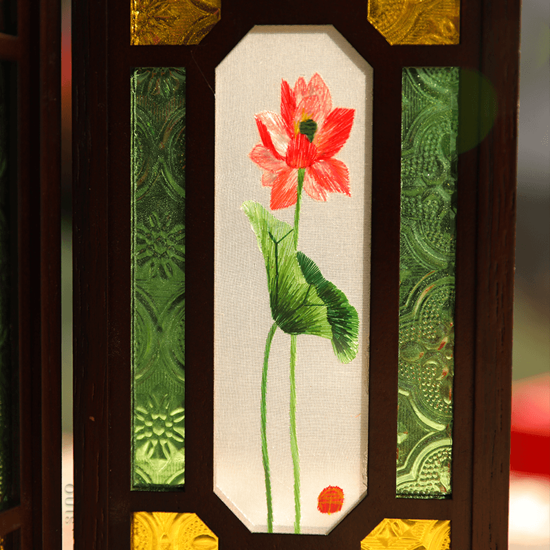 Handcrafted Embroidery Lotus Blossom Cantonese Mansion Window Ornament - SinoCultural -- BXL06WCS174A03