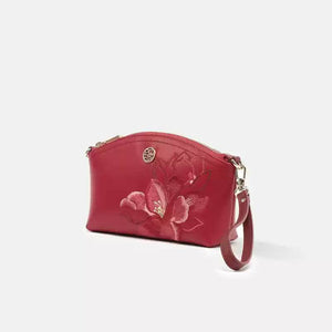 Embroidery Leather Red Magnolia Women‘s Handbag Wallet - SinoCultural -- P220248-1
