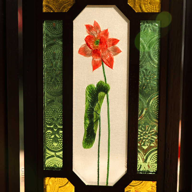 Handcrafted Embroidery Lotus Blossom Cantonese Mansion Window Ornament - SinoCultural -- BXL06WCS174A03