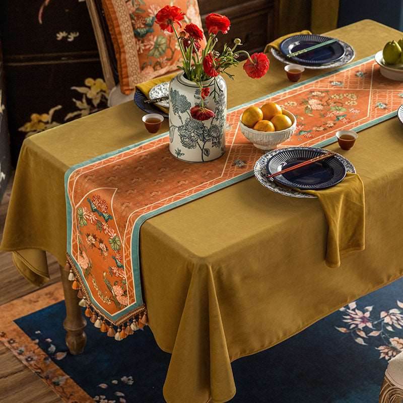 Chinoiserie Orange Mountain Hydrangea Table Runner - SinoCultural -- TR005Y160