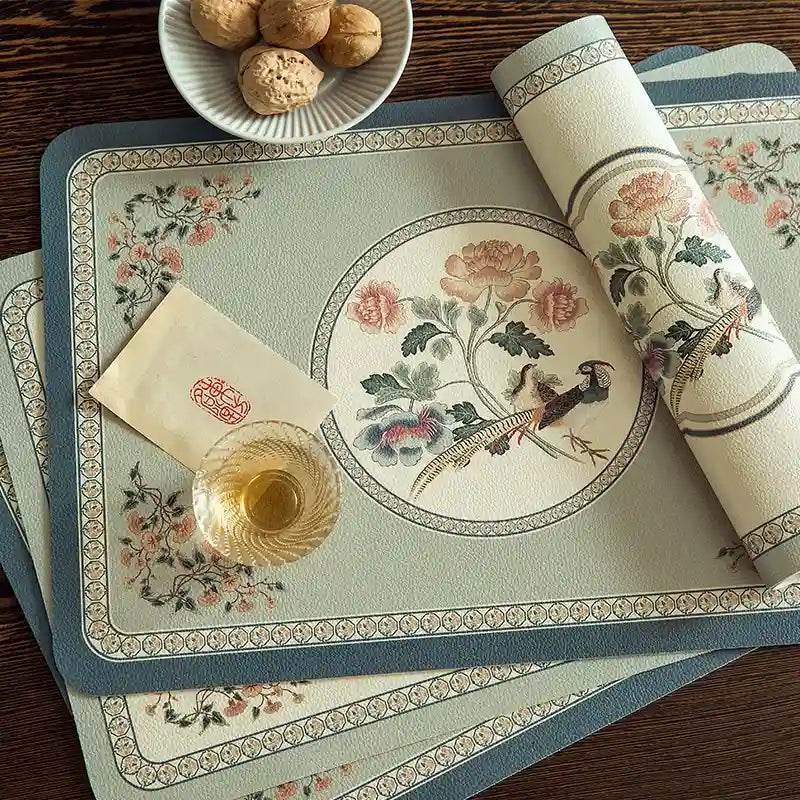 2-Piece Chinoiserie Spring Bird and Flower Pattern Washable Placemat - SinoCultural -- TM036A3045