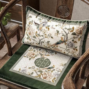 Chinoiserie Warm Spring Dark Green Flower and Birds Chair Cushion - SinoCultural -- SC012A38