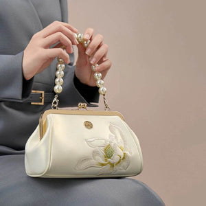 Embroidery Leather Kiss Lock Clutch Bag Lotus Evening Handbag - SinoCultural -- P220251