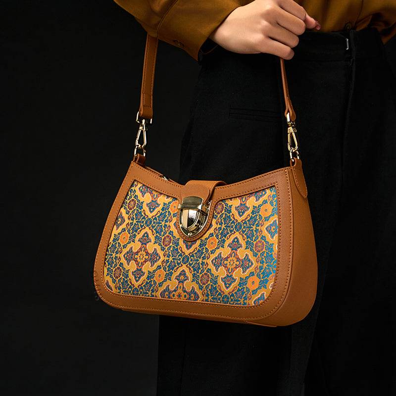 Song Brocade Leather Shoulder Underarm Bag Four Harmonies and Ruyi Pattern - SinoCultural -- P270038