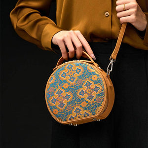 Song Brocade Brown Handheld Round Bag Four Harmonies and Ruyi Pattern - SinoCultural -- P12065502