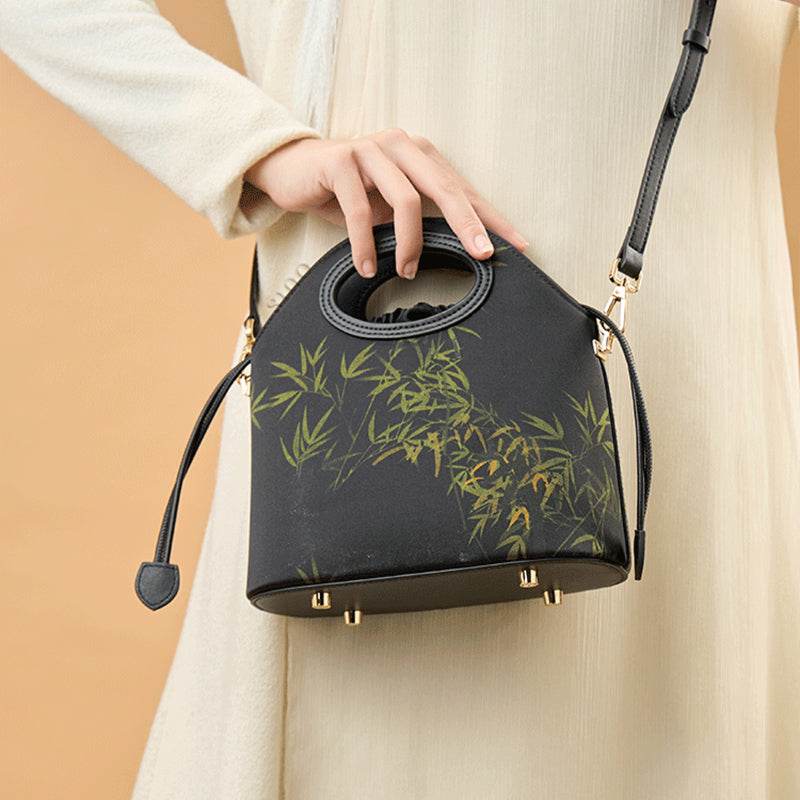 Xiangyunsha Silk Bamboo Black Drawstring Bucket Bag - SinoCultural -- YS120670-1