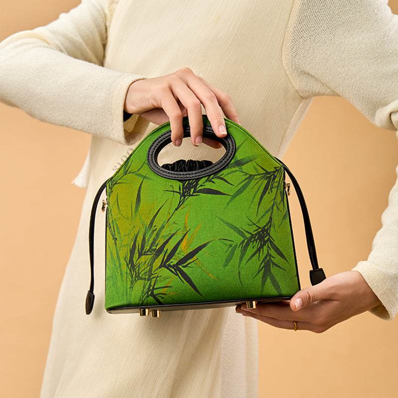 Xiangyunsha Silk Bamboo Green Drawstring Bucket Bag - SinoCultural -- YS120670-2