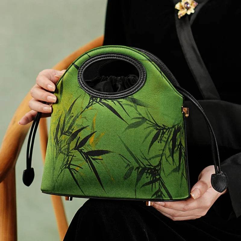 Xiangyunsha Silk Bamboo Green Drawstring Bucket Bag - SinoCultural -- YS120670-2
