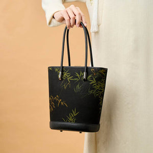 Xiangyunsha Silk Black Bamboo Print Crossbody Bucket Bag - SinoCultural -- P110608