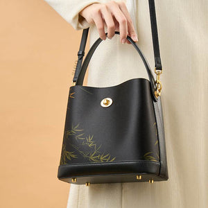 Xiangyunsha Silk Bamboo Print Crossbody Bucket Bag - SinoCultural -- YS120757