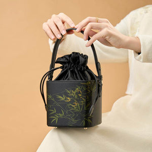 Xiangyunsha Silk Black Bamboo Print Mini Cube Bucket Bag - SinoCultural -- LD170613