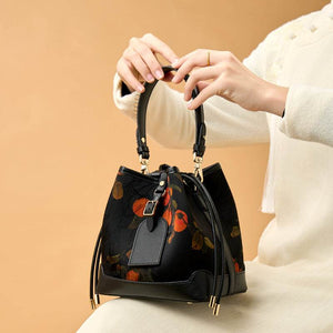Xiangyunsha Silk Leather Printed Persimmon Bucket Bag - SinoCultural -- YS220680