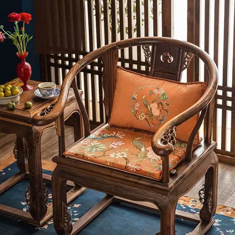 Chinoiserie Mountain Hydrangea Short Plush Wooden Chair Cushion - SinoCultural -- SC003A38