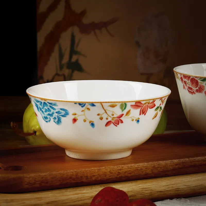 Single Chinoiserie bowl on table, front view.