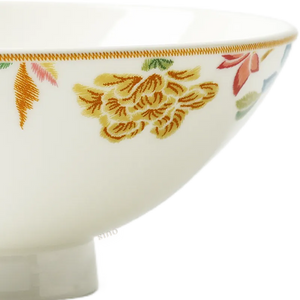 Left side floral detail of Chinoiserie footed bowl.