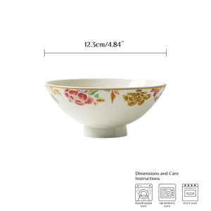 4.75 inch Chinoiserie footed bowl with size guide, 12.3 cm diameter.