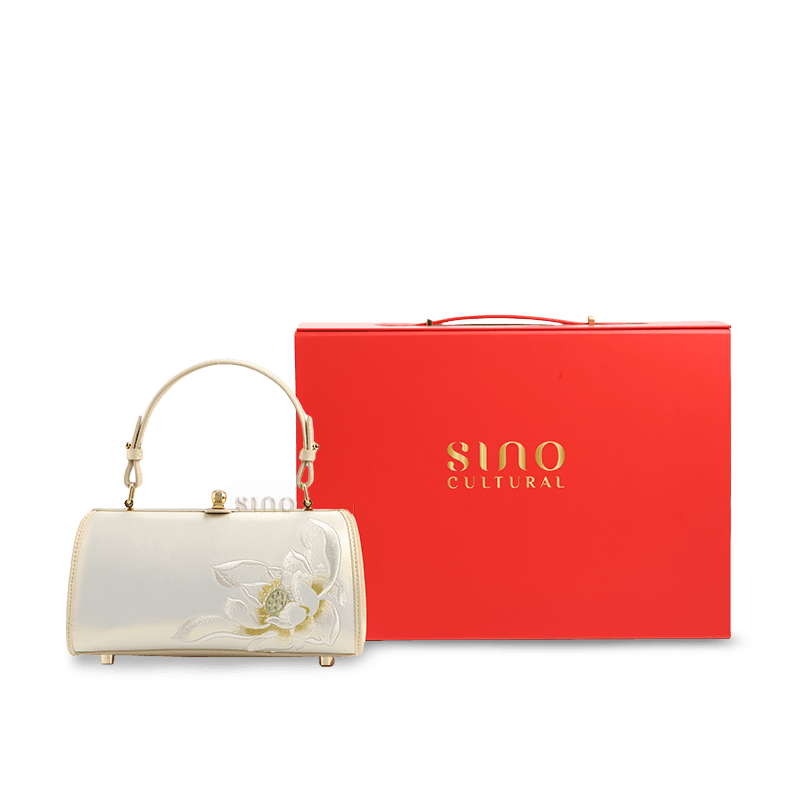 Embroidery Leather White Shoulder Bag Lotus Elegant Handbag - SinoCultural -- P120312