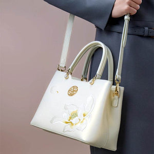 Embroidery Leather White Crossbody Tote Bag Lotus Luxury Gift - SinoCultural -- P120279