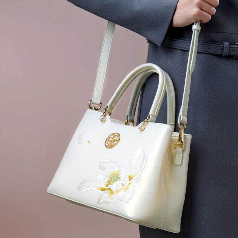 Embroidery Leather White Crossbody Tote Bag Lotus Luxury Gift - SinoCultural -- P120279