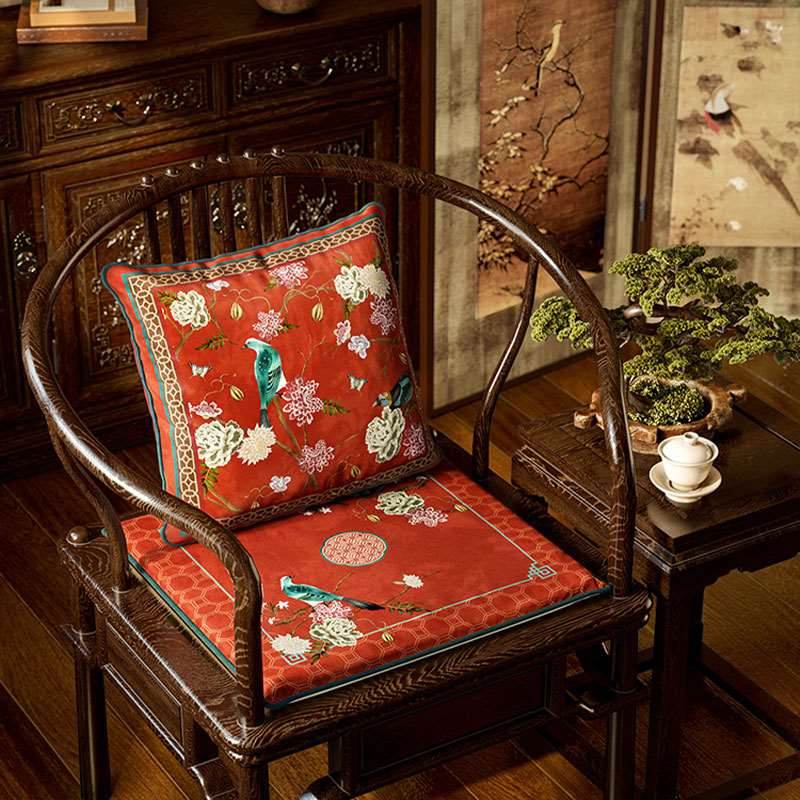 Chinoiserie Palace Red Glaze Festive Wooden Chair Cushion - SinoCultural -- SC008A38