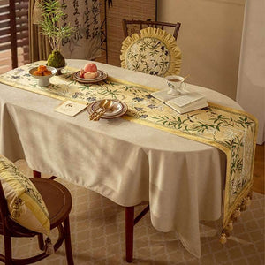 Chinoiserie Traditional Autumn Orchids Yellow Table Runner - SinoCultural -- TR013Y160