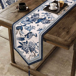 Chinoiserie Traditional Blue and White Long Table Runner - SinoCultural -- TR006BW160