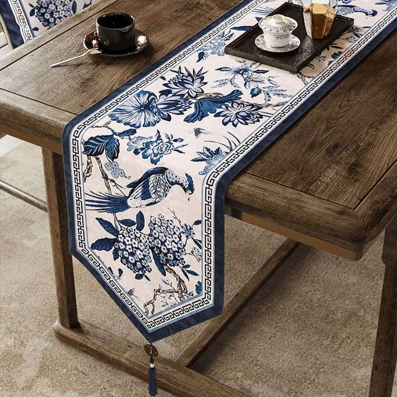 Chinoiserie Traditional Blue and White Long Table Runner - SinoCultural -- TR006BW160