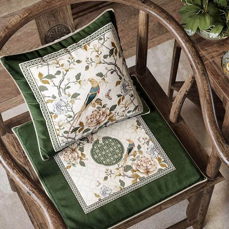 Chinoiserie Warm Spring Dark Green Flower and Birds Chair Cushion - SinoCultural -- SC012A38