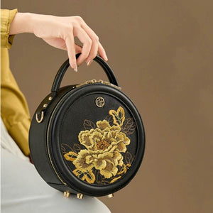 Embroidery Leather Round Handbag High Luxury Royal Gold Peony - SinoCultural -- P110171