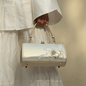 Embroidery Leather White Shoulder Bag Lotus Elegant Handbag - SinoCultural -- P120312