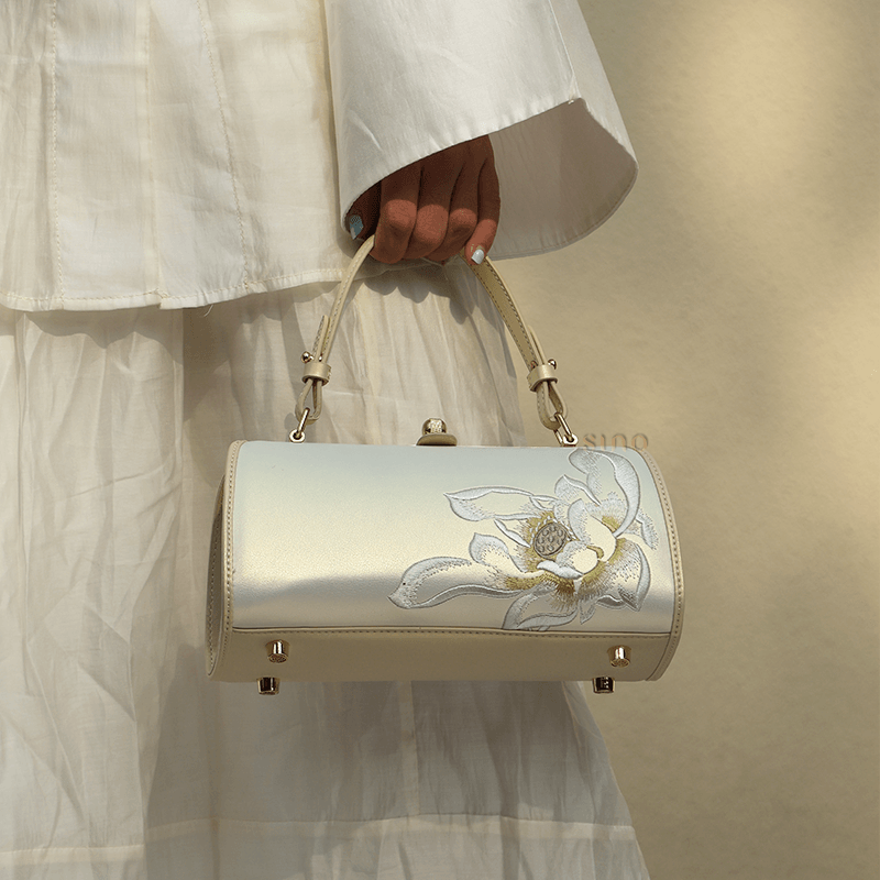 Embroidery Leather White Shoulder Bag Lotus Elegant Handbag - SinoCultural -- P120312