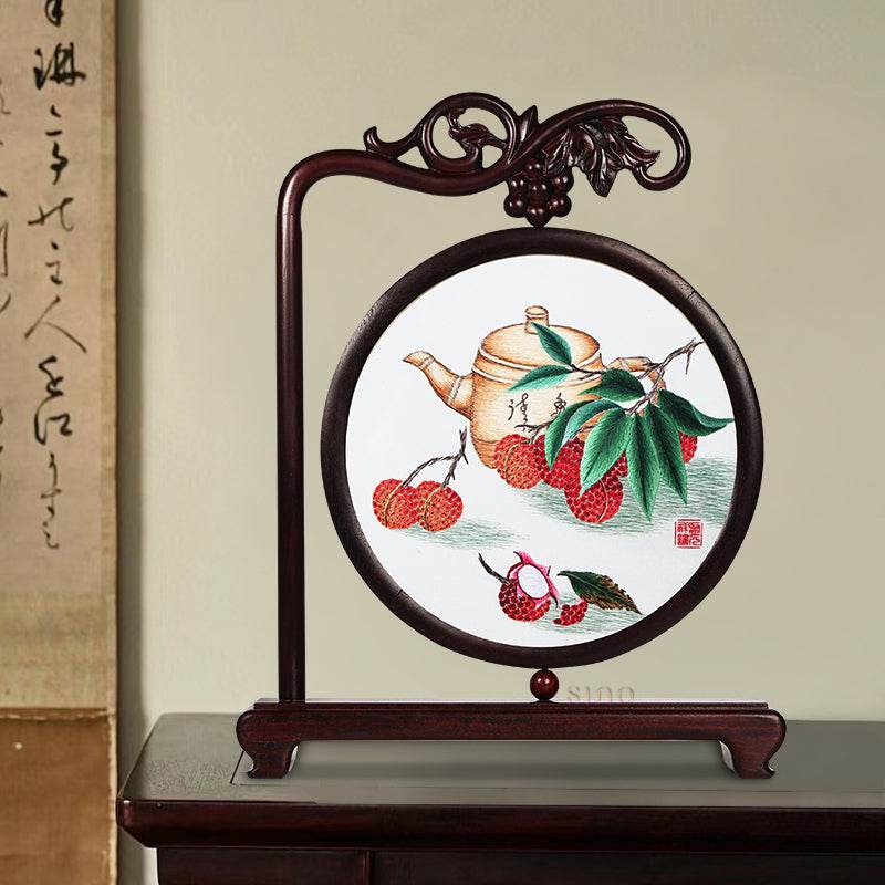 Handcrafted Mulberry Silk Lychee Double-Sided Embroidery Tabletop Decoration - SinoCultural -- JZSX001A14