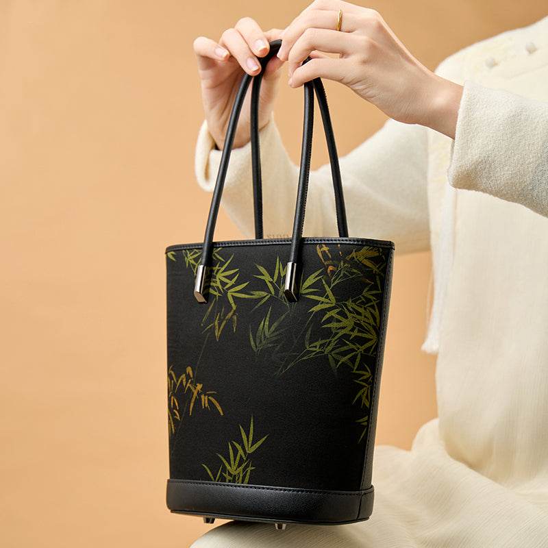Xiangyunsha Silk Black Bamboo Print Crossbody Bucket Bag - SinoCultural -- P110608