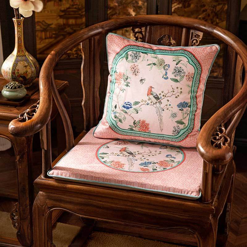 Chinoiserie Spring Powder Pink High-end Wooden Chair Cushion - SinoCultural -- SC005A38