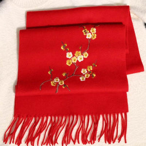 Handcrafted Su Embroidery Cashmere Scarf Luxury 190x30cm - SinoCultural -- HYFSJ017-5
