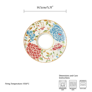5.7’’ Chinoiserie tea cup saucer with size guide, 14.5 cm diameter.