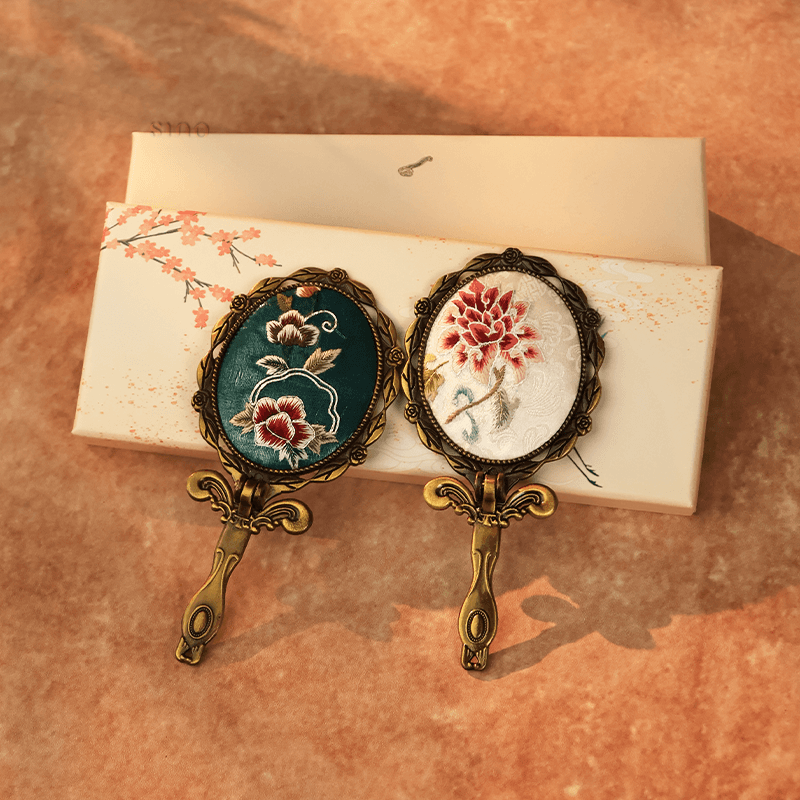 Limited Edition Hand Embroidery Handheld Makeup Beauty Metal Mirror - SinoCultural -- MIR028