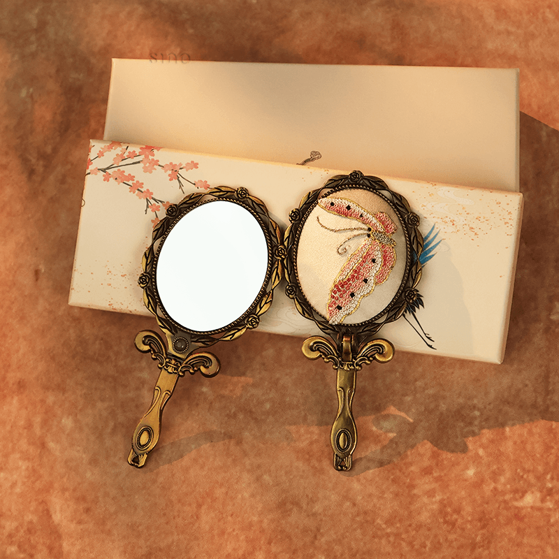 Limited Edition Hand Embroidery Handheld Makeup Beauty Metal Mirror - SinoCultural -- MIR011