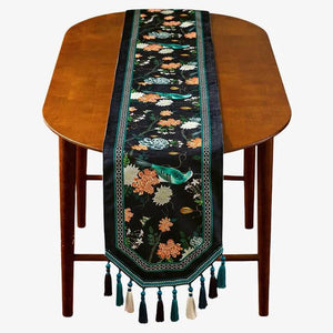 Chinoiserie Luxury Long Rectangular Black Floral Table Runner - SinoCultural -- TR026A160